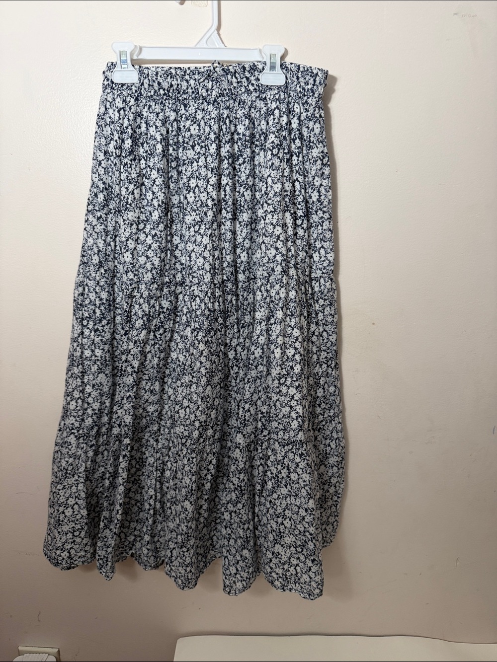 Black and White Floral Tiered Maxi Skirt with Elastic Waistband